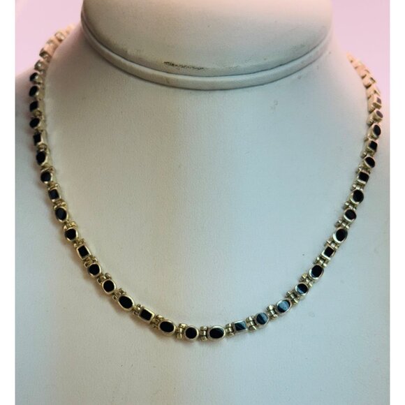 Estate Sterling Silver 925 Black Enamel Fancy Link Choker Necklace 16" 31.2g - Picture 2 of 7